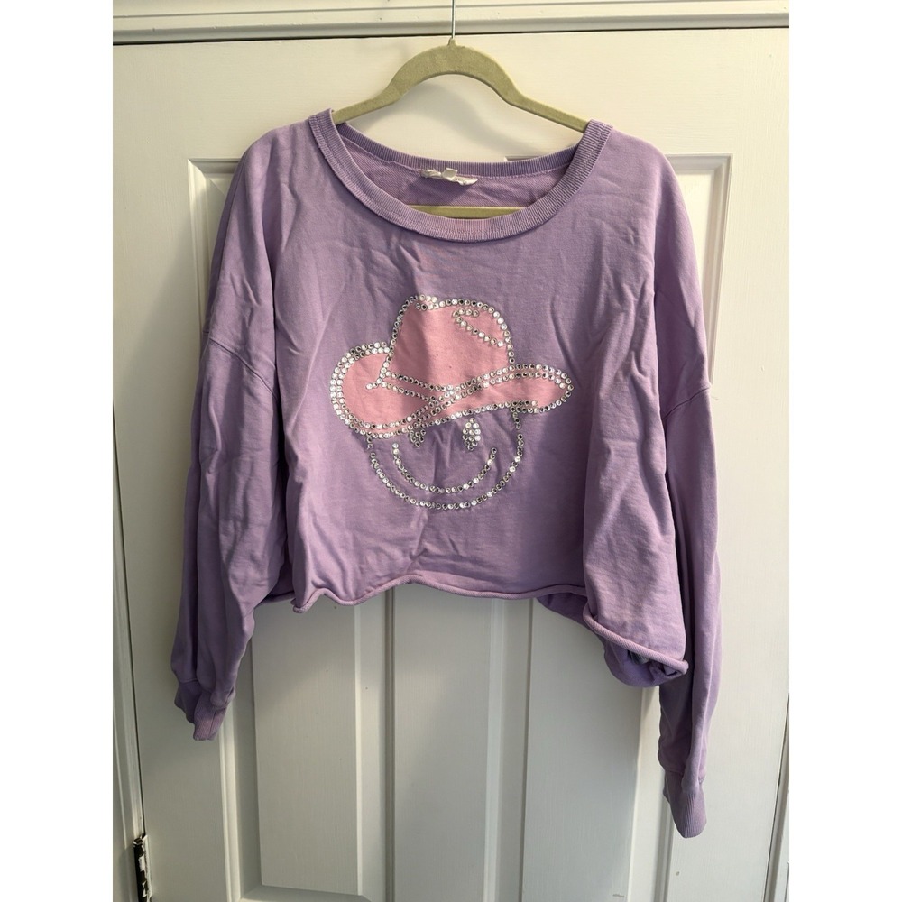 Peach Love California Women's L Purple Sweatshirt Western Rhinestone Hat Graphic